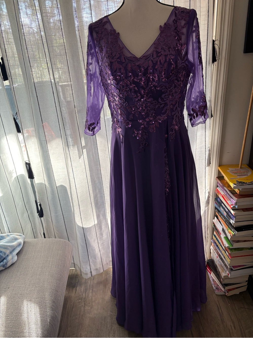 V-Neck Purple Long Sleeve Embellished Evening Gown